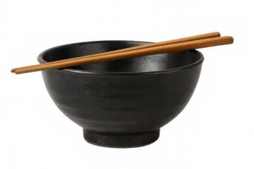 Empty black ceramic bowl with wooden chopsticks on transparent background