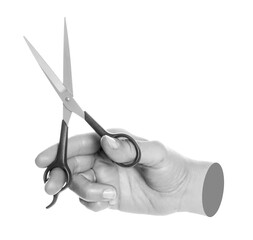 Woman hand cut by scissors, isolated on transparent background, office and household items concept. Contemporary art concept