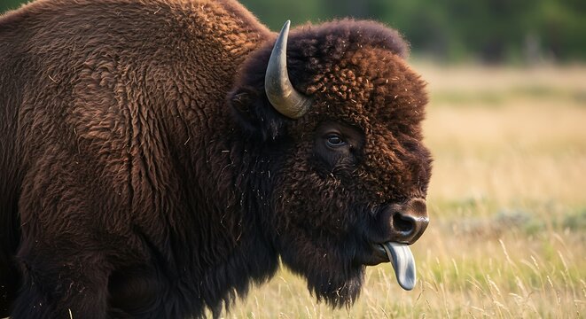Close up of a large bison with tongue out in a natural outdoor setting