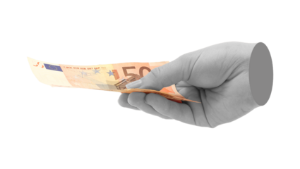 Hand holds Euro cash bills, isolated on transparent background, business concept. Contemporary art design