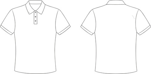 Polo shirt technical flat sketch with collar and button placket, front and back view, fashion CAD drawing vector illustration