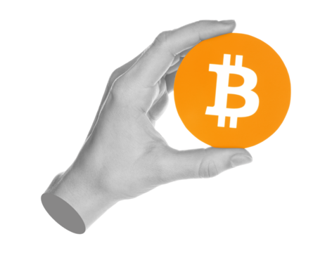 Hand holds Bitcoin icon, isolated on transparent background, business concept. Contemporary art design