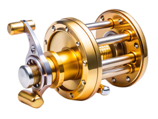 A Golden Fishing Reel Ready For Action isolated on White Background ,PNG. AI Generated