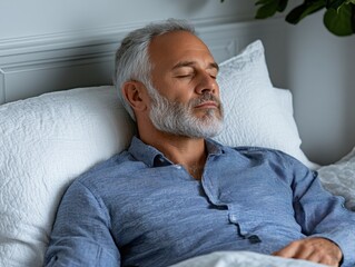 Middle-aged man sleeping peacefully in bright bedroom
