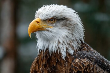 Obraz premium Majestic Bald Eagle Perched, Snowy Background in Nature Setting