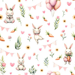 Seamless watercolor pattern with adorable white Easter bunnies in various poses, pink balloons, carrots, banners, hearts, and spring flowers on a white background. Sweet holiday illustration for child