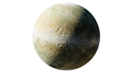 Isolated Moon like celestial body with craters on a round planet in space showing shadow