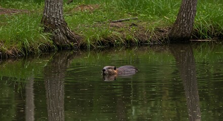 Fototapeta premium Beaver swimming in calm water reflecting trees in natural environment