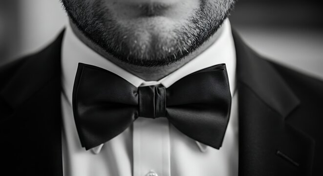 Close up of a man in formal attire with a bow tie black and white