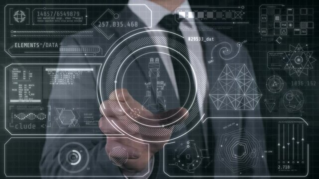 Businessman using futuristic touchscreen display with scientific data analysis - Powered by Adobe