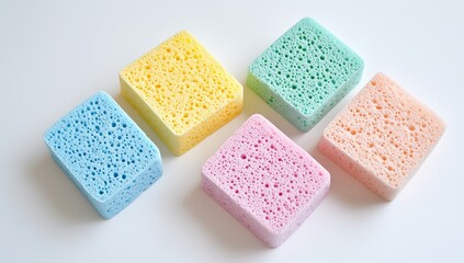 Five colorful, square sponges arranged diagonally on a white background