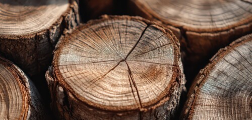 Close-up of Stacked Logs with Detailed Grain Patterns and Earthy Tones