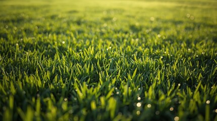 Fresh green grass blades glistening in the sunlight on a summer morning dew