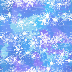 Cute white snowflakes and stars on a blue background. Seamless winter pattern. Vector illustration.