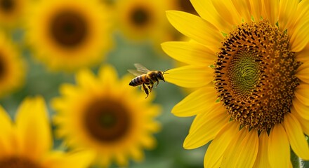 Obraz premium Bee approaching sunflower in field vibrant yellow petals nature background