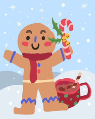 Cute Gingerbread Man Holding Candy Cane Vector Illustration