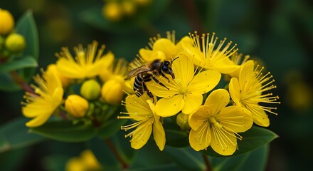 Bee collecting pollen from bright yellow flowers in a natural outdoor setting