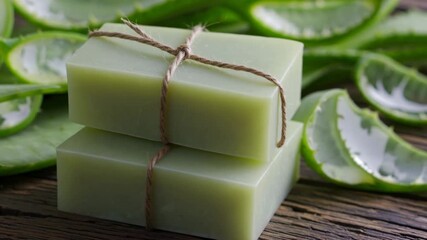 Aloe vera soap bars are elegantly arranged on rustic wood, accompanied by vibrant aloe leaves, highlighting the natural ingredients and artisanal craftsmanship of skincare
