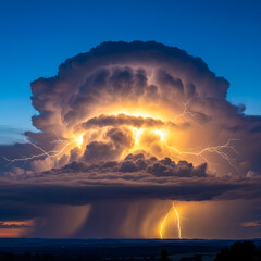 적란운 속에서 내리치는 뇌전. 거대한 구름속번개.
