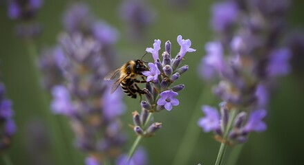 Bee collecting pollen on lavender flowers close up in natural sunlight