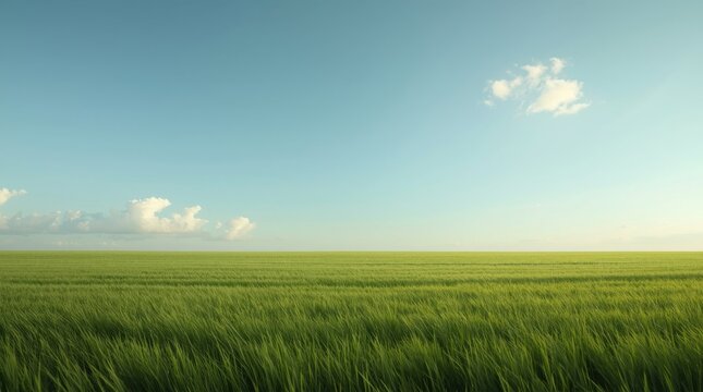Serene green wheat field under a clear blue sky with scattered white clouds - Powered by Adobe