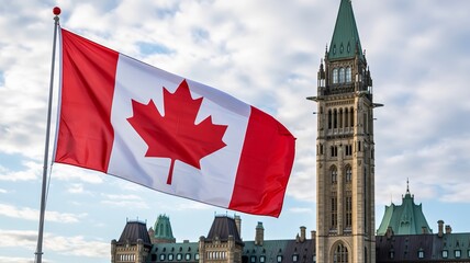 The canadian flag waves proudly in front of the parliament building, symbolizing the nations identity, sovereignty, and democratic values in canada