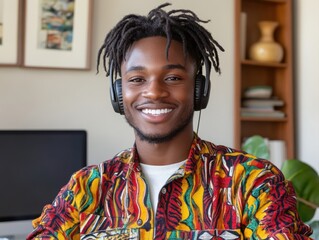 Happy young African American man with headphones in home office