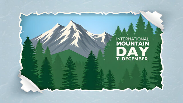 international mountain day poster with forest and snowy peaks promoting nature conservation
