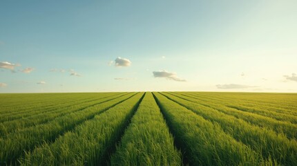 Obraz premium Serene green field stretches to the horizon under a peaceful blue sky day