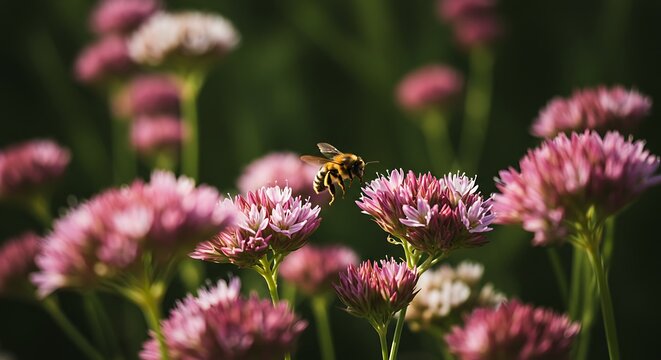 Bee hovering above pink flowers in a garden with sunlight background