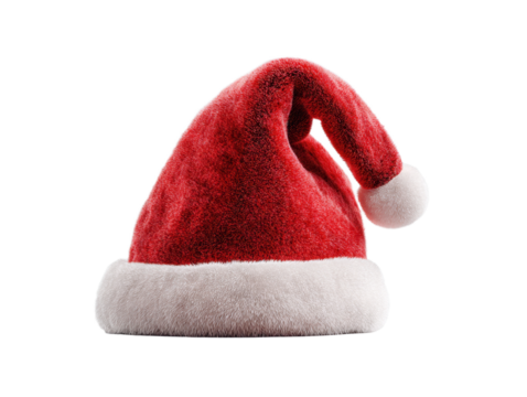 Velvet Santa Hat with White Trim and Pom-Pom: Festive Holiday Headwear on Transparent Background for Digital Designs and Marketing Materials
