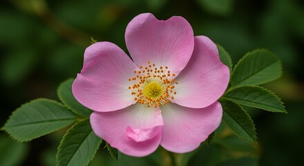 Fototapeta premium Close up of a pink flower blooming with green leaves in natural light