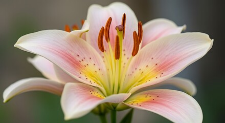 Fototapeta premium Close up of a pink lily flower with yellow and orange accents