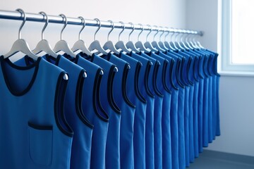Fototapeta premium Blue protective lead aprons hanging neatly on a hospital rack represent vital radiation safety equipment in a clean, professional healthcare clinic
