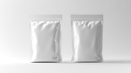 Two blank white resealable zipper lock plastic bags standing side by side, transparent mockup