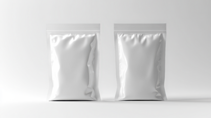 Two blank white resealable zipper lock plastic bags standing side by side, transparent mockup