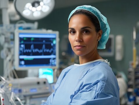 Serious Hispanic woman in surgical scrubs in hospital operating room