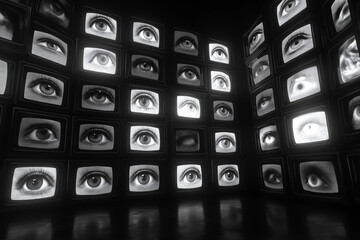 Monochrome Gallery of Watching Eyes on Vintage TV Screens