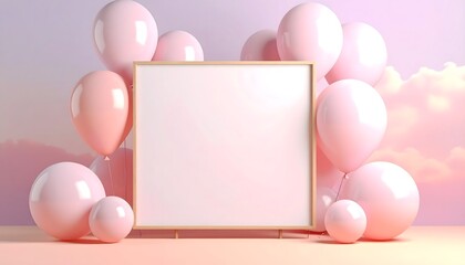 Celebrate special occasions with this pink balloon display and blank frame mockup