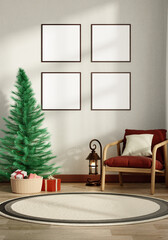 Minimalist Christmas corner with a tree and empty frames for decoration. 3D render illustration