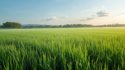 Lush green rice paddy field under a serene blue sky at early morning sunrise