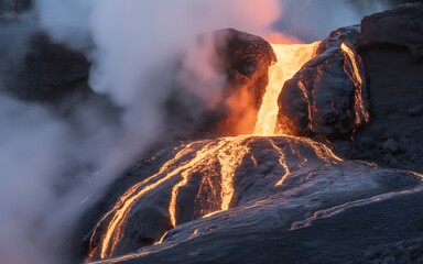 Obraz premium Molten lava flowing down a rocky slope with steam rising at sunset, a powerful natural phenomenon
