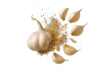 Garlic bulb exploding, cloves and powder scattering, healthy food ingredient on transparent background