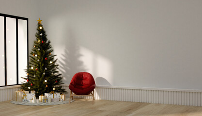 Christmas living room scene with tree and gifts for the holidays. 3D render illustration