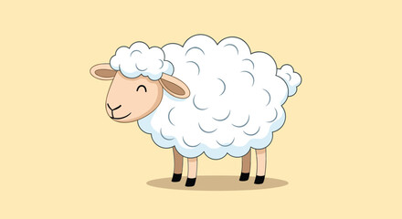 A fluffy white sheep with a friendly smile and pink ears stands on a light brown background.