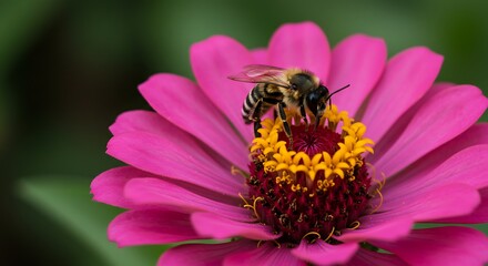 Bee pollinating bright pink flower closeup with yellow center and green background