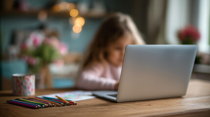 Laptop and child's drawing on desk with defocused home office, faceless work-life balance, remote workspace detail, family elements present, blurred domestic background, home offic