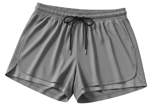 Gray athletic shorts with drawstring and layered design isolated on transparent background