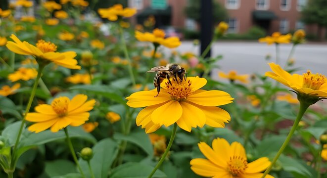 Bee pollinating bright yellow flowers in a garden environment