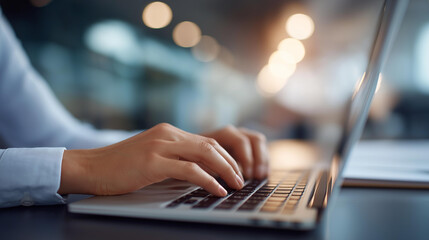 Desk workspace with laptop and hands typing with defocused office, faceless professional work, digital activity detail, business task closeup, blurred corporate environment, workpl